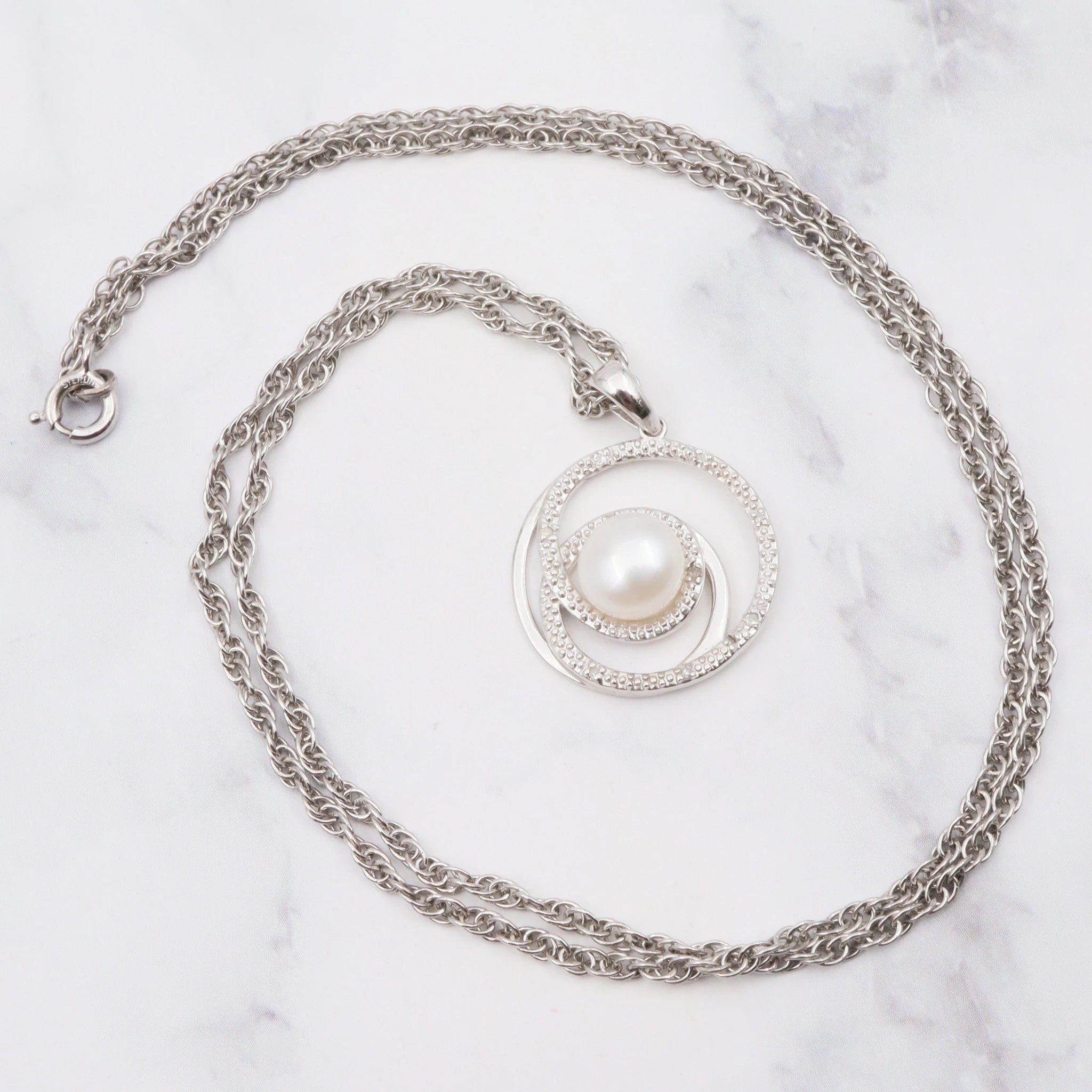 Vintage sterling pearl & diamond pendant on a sterling prince of whales chain, 20"